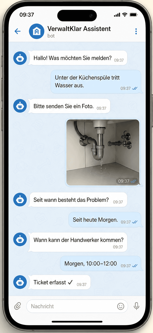 Geführte Schadensmeldung mit dem VerwaltKlar Assistenten im Messenger — Telegram