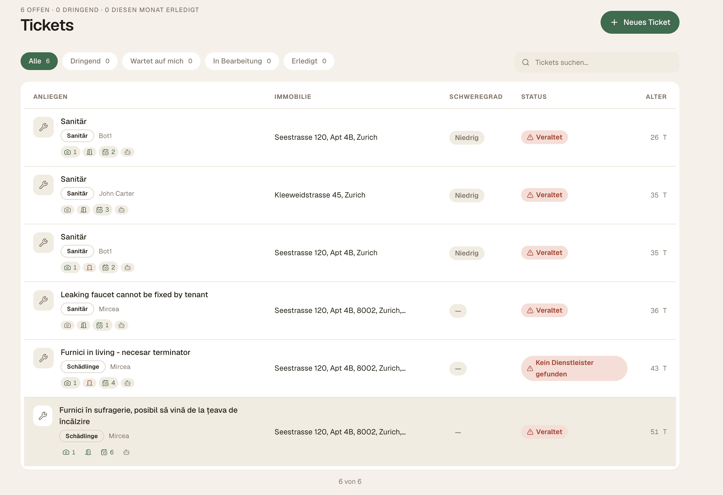 Ticketübersicht in VerwaltKlar mit Filtern, Kategorien, Objektadressen, Schweregrad und Status